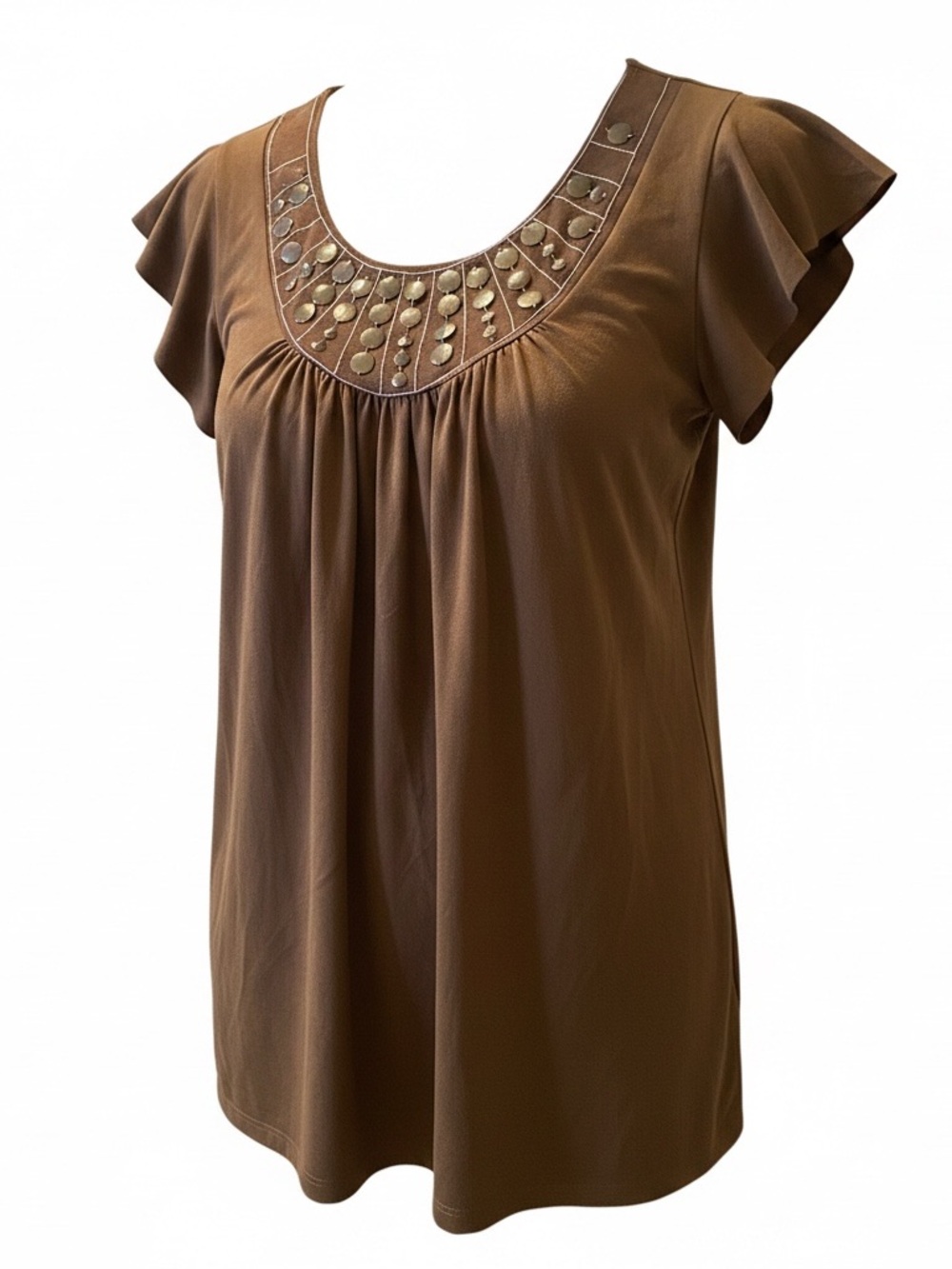 Brown Embellished Scoop Neck Women's Top